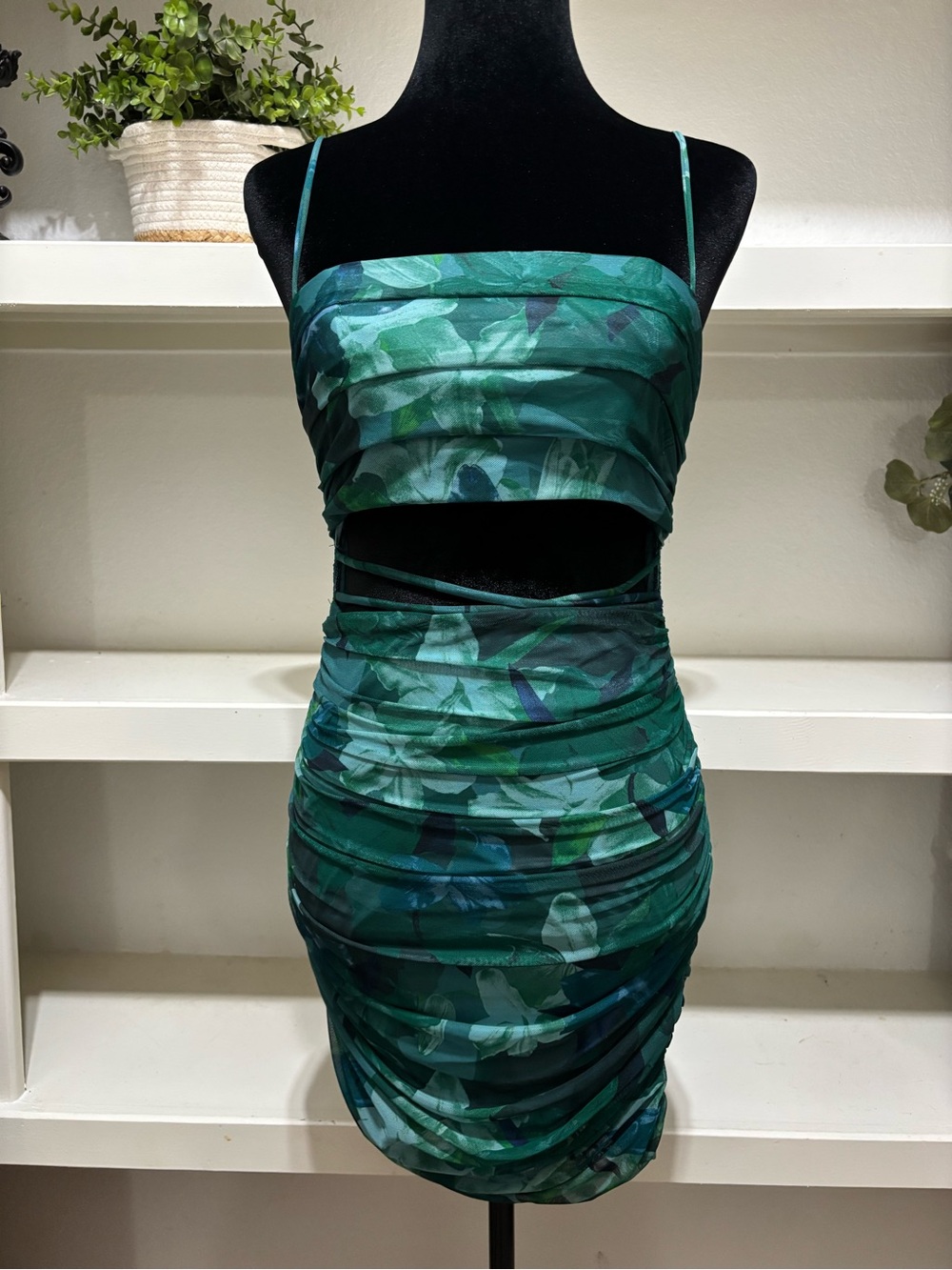 Green Floral Ruched Cutout Mini Skirt by